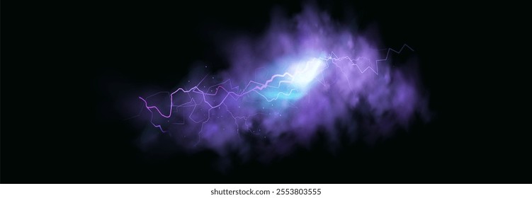 Powerful electrical current energy. Flash of lightning in a magic frame. Neon discharge in smoke effect.
