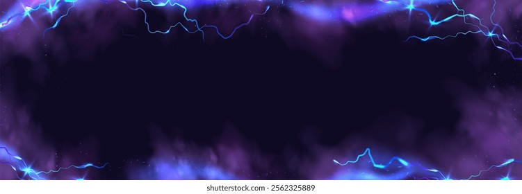 Powerful electrical current energy. Flash of lightning in a magic frame. Neon discharge in smoke effect.
