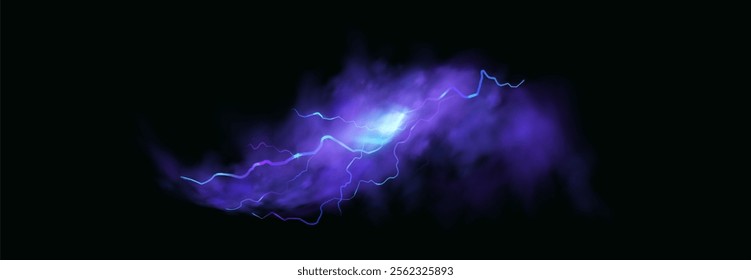 Powerful electrical current energy. Flash of lightning in a magic frame. Neon discharge in smoke effect.
