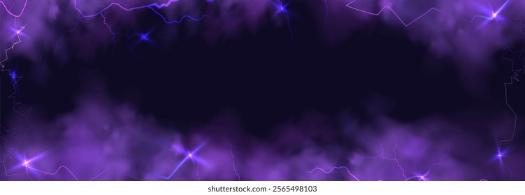 Powerful electrical current energy. Flash of lightning in a magic frame. Neon discharge in smoke effect.
