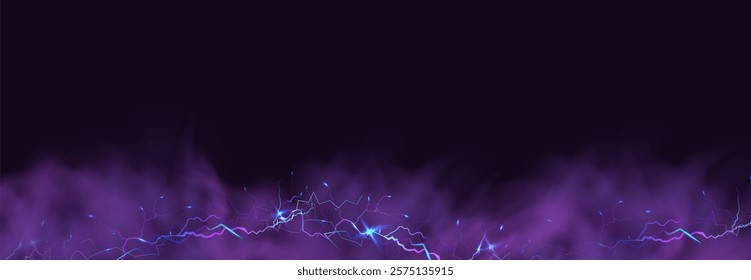 Powerful electrical current energy. Flash of lightning in a magic frame. Neon discharge in smoke effect.
