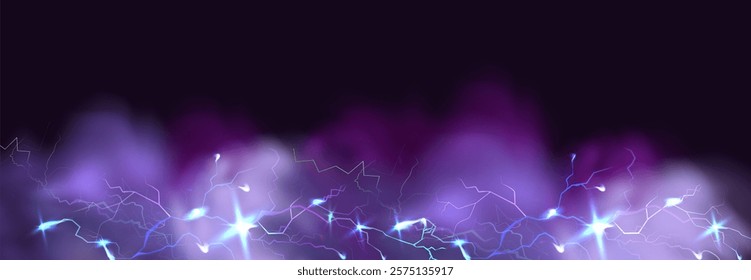 Powerful electrical current energy. Flash of lightning in a magic frame. Neon discharge in smoke effect.
