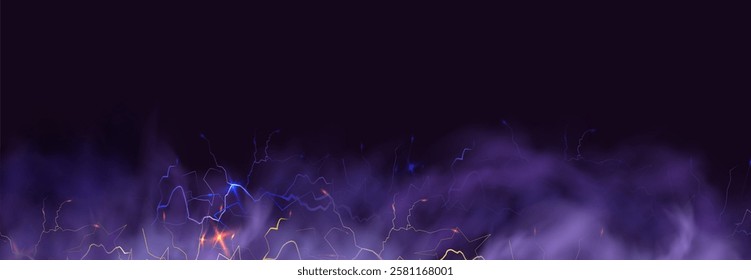 Powerful electrical current energy. Flash of lightning in a magic frame. Neon discharge in smoke effect.
