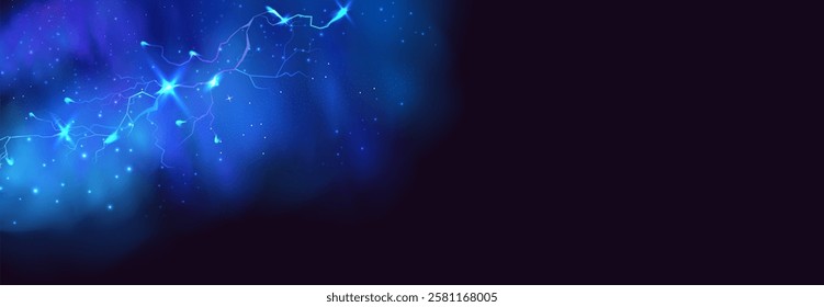 Powerful electrical current energy. Flash of lightning in a magic frame. Neon discharge in smoke effect.
