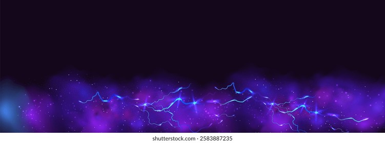 Powerful electrical current energy. Flash of lightning in a magic frame. Neon discharge in smoke effect.
