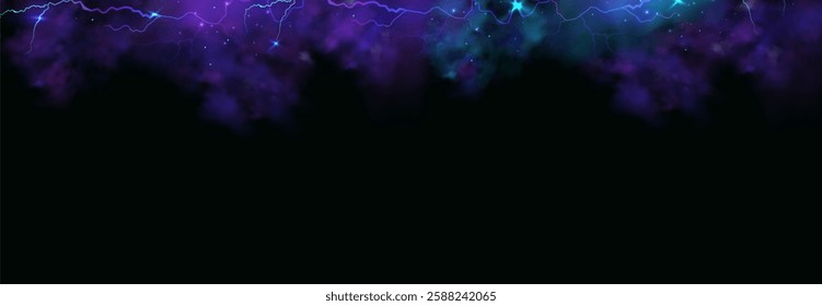 Powerful electrical current energy. Flash of lightning in a magic frame. Neon discharge in smoke effect.
