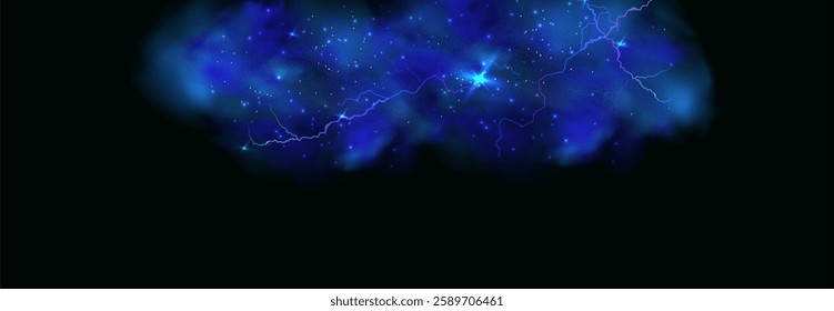 Powerful electrical current energy. Flash of lightning in a magic frame. Neon discharge in smoke effect.
