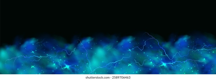 Powerful electrical current energy. Flash of lightning in a magic frame. Neon discharge in smoke effect.
