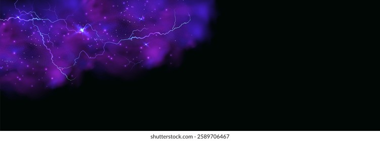 Powerful electrical current energy. Flash of lightning in a magic frame. Neon discharge in smoke effect.
