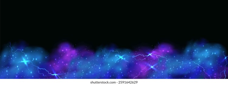 Powerful electrical current energy. Flash of lightning in a magic frame. Neon discharge in smoke effect.
