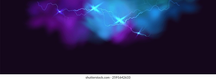 Powerful electrical current energy. Flash of lightning in a magic frame. Neon discharge in smoke effect.
