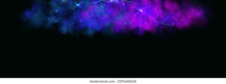 Powerful electrical current energy. Flash of lightning in a magic frame. Neon discharge in smoke effect.
