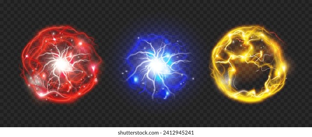 Powerful electrical discharge, energy balls magical effect design elements. Vector isolated round spheres on transparent background. Thunderbolt and burst of glowing bright electricity flash