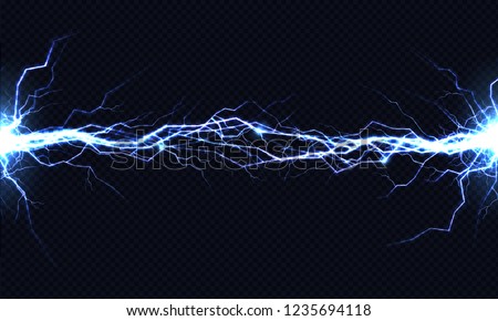 Powerful electrical discharge hitting from side to side realistic vector illustration isolated on black transparent background. Blazing lightning strike in darkness. Electric energy flash light effect