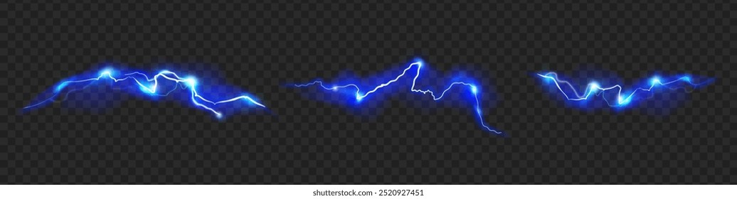 Potente descarga eléctrica, conjunto aislado de líneas con destellos y alto voltaje. Vector de energía mágica realista, rayos de tormenta nocturna con fuerza poderosa. Juego o diseño de Clima