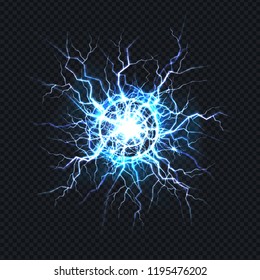 Powerful electrical discharge, lightning strike impact place realistic vector on transparent background. Ball lightning, magical light effect design element. Electric energy flash, pain nerve impulse