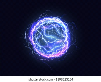 Powerful electrical discharge, lightning strike impact place realistic vector on transparent background. Ball lightning, magical effect design element. Electric energy flash sphere, pain nerve impulse