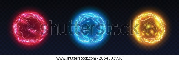 Powerful electrical\
discharge, lightning strike impact place realistic on transparent\
background. Ball lightning, magical effect design elements set. 3d\
vector illustration