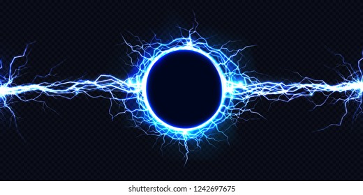 Powerful electrical round discharge hitting from side to side realistic vector illustration isolated on black background. Blazing lightning circle strike in darkness Electric energy flash light effect