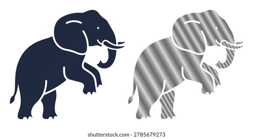 Powerful elephant standing, white background, detailed vector illustration, unique posture, majestic animal.