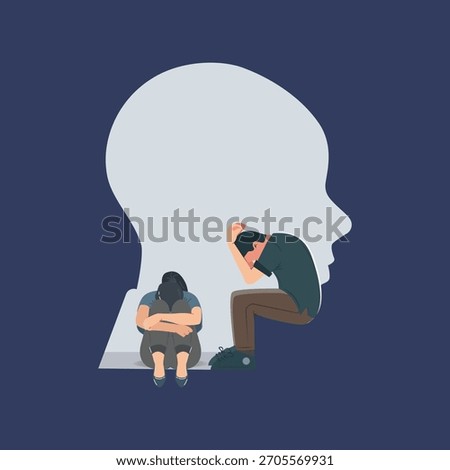 A powerful emotional vector illustration showing a man and a woman sitting in distressed postures inside the silhouette of a human head