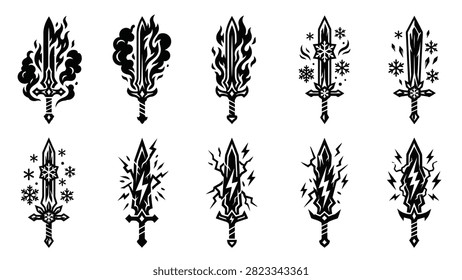 Powerful enchanted blades collection featuring burning flame blades frozen snowflake swords and electric lightning daggers. Black silhouette vector graphics showing mystical energy auras and elemental power attributes for RPG character weapon customization and combat interface design assets