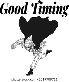A powerful engraving of a man in a superhero pose, his fist raised in a powerful punch, outlined in bold black lines.