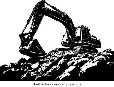 A powerful excavator is operating on rough terrain, digging through rocky ground. With its massive arm and bucket, this heavy-duty machine represents strength, efficiency, and reliability in construct