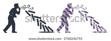 Powerful exhale pushing over dominoes in a chain reaction, symbolizing impact and cause.