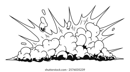 A powerful explosion creates a large cloud of smoke and debris billowing upwards with dynamic energy. The scene captures the intensity of the moment in striking detail.