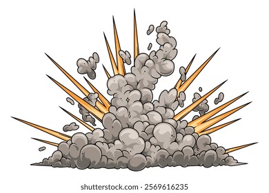 A powerful explosion erupts sending thick clouds of gray smoke into the air. Fiery orange sparks scatter in all directions creating a dramatic visual display of energy.