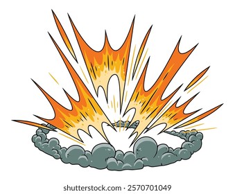 A powerful explosion erupts with vibrant flames and dense smoke. The burst of energy creates a dramatic effect showcasing the force and chaos of the detonation.