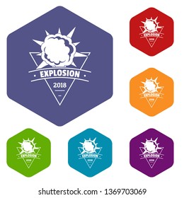 Powerful explosion icons vector colorful hexahedron set collection isolated on white 