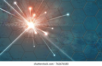 Powerful explosion on dark grange background with hexagons. Used a clipping mask. eps 10