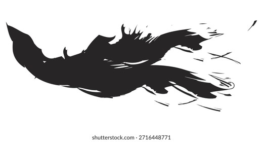 Una potente y expresiva pincelada de tinta negra que crea una forma abstracta y dinámica con una sensación de movimiento y energía, aislada sobre un fondo blanco.