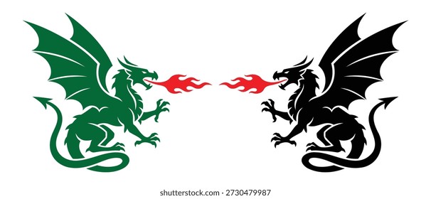 Uma poderosa ilustração vetorial de fantasia com dois dragões míticos de frente um para o outro em um duelo de respiração de fogo.