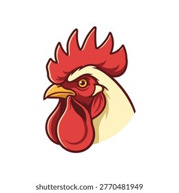 powerful featuring close-up of a rooster's head with red comb and wattles keywords: rooster, chicken, bird, fowl, poultry, farm, agriculture, animal, head, portrait, profile, red, comb, wattle, beak, eye, yellow, white, cream, bold, strong, proud, alert, vigilant, aggressive, dominant, male, farm animal, countryside, rural, nature, wildlife, domestic animal, creature, avian, feathered, natural, colorful, vibrant, iconic, symbol, mascot, character, stylized, isolated, cutout...