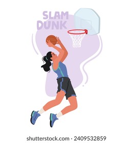 Powerful Female Basketball Player Character Soars Through The Air, Executing A Flawless Slam Dunk. Her Determination And Athleticism Shine As She Dominates The Court With Grace And Strength, Vector