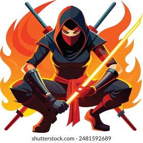 Powerful female ninja warrior holding glowing sword in fiery scene