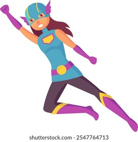 Powerful female superhero in colorful costume flying with fist raised, demonstrating strength, courage, and readiness for action