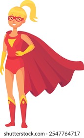 Powerful female superhero in dynamic pose, showcasing strength and confidence, ready to save the day with flowing cape and determined expression