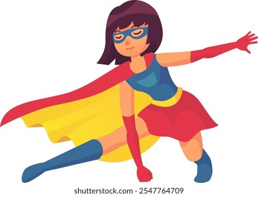 Poderosa super-heroína feminina voa pelo ar, exalando confiança e determinação, lutando por justiça e salvando o dia, demonstrando poder e empoderamento das meninas