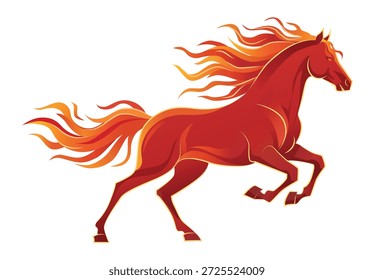 Poderoso cavalo de fogo vetor. Garanhão de fogo mitológico isolado em um fundo branco. Arte vetorial de um cavalo de fantasia energético com uma juba e uma cauda flamejantes. Cavalo vermelho do Shio chinês. Ano do projeto Cavalo.