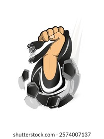 A powerful fist holding a black and white football scarf. The hexagonal patterns around the fist symbolize the energy and movement of football, creating a dynamic and impactful illustration