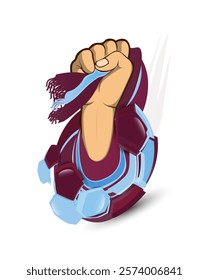 A powerful fist holding a burgundy and blue scarf emerges from a football. This bold illustration reflects fan loyalty, belonging, and the intense, raw spirit of football culture