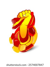 A powerful fist holding a football scarf in red and yellow. A modern and dynamic illustration that reflects fan spirit and team loyalty in vibrant colors