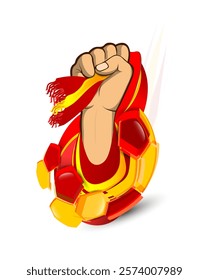 A powerful fist holding a football scarf in red and yellow. A modern and dynamic illustration that reflects fan spirit and team loyalty in vibrant colors