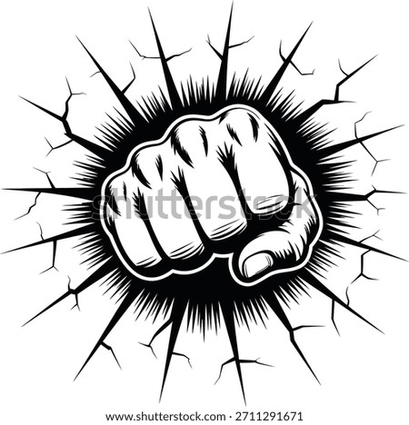 Powerful fist punch breaking through surface with cracked effect
