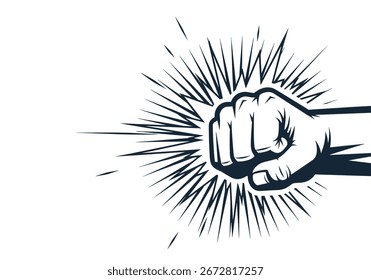 Powerful fist punch impact exploding force strike action motion energy