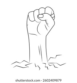 Powerful fist punching through a wall vector line art illustration
